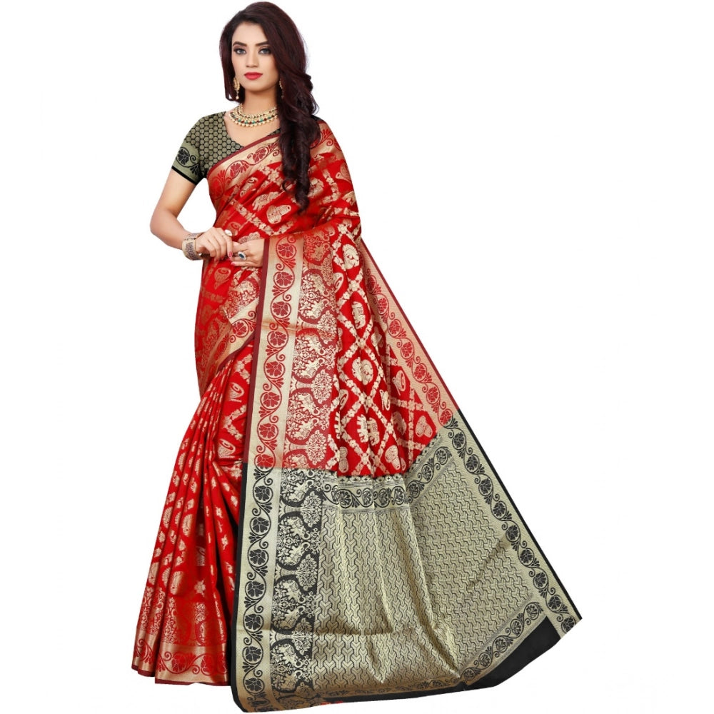 Seduva Women's Jacquard Woven Saree With Unstitched Blouse 5.5Mtr (Red)