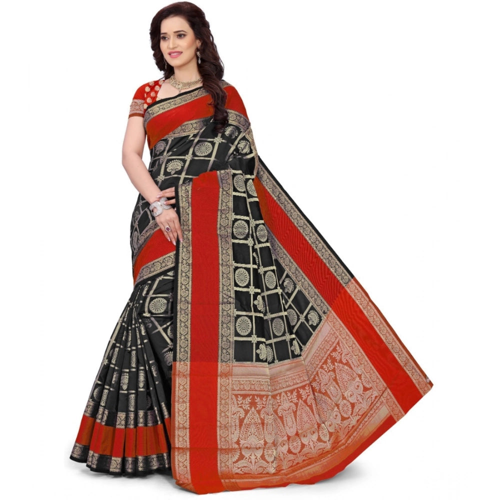 Seduva Women's Jacquard Woven Saree With Unstitched Blouse 5.5Mtr (Red-Black)