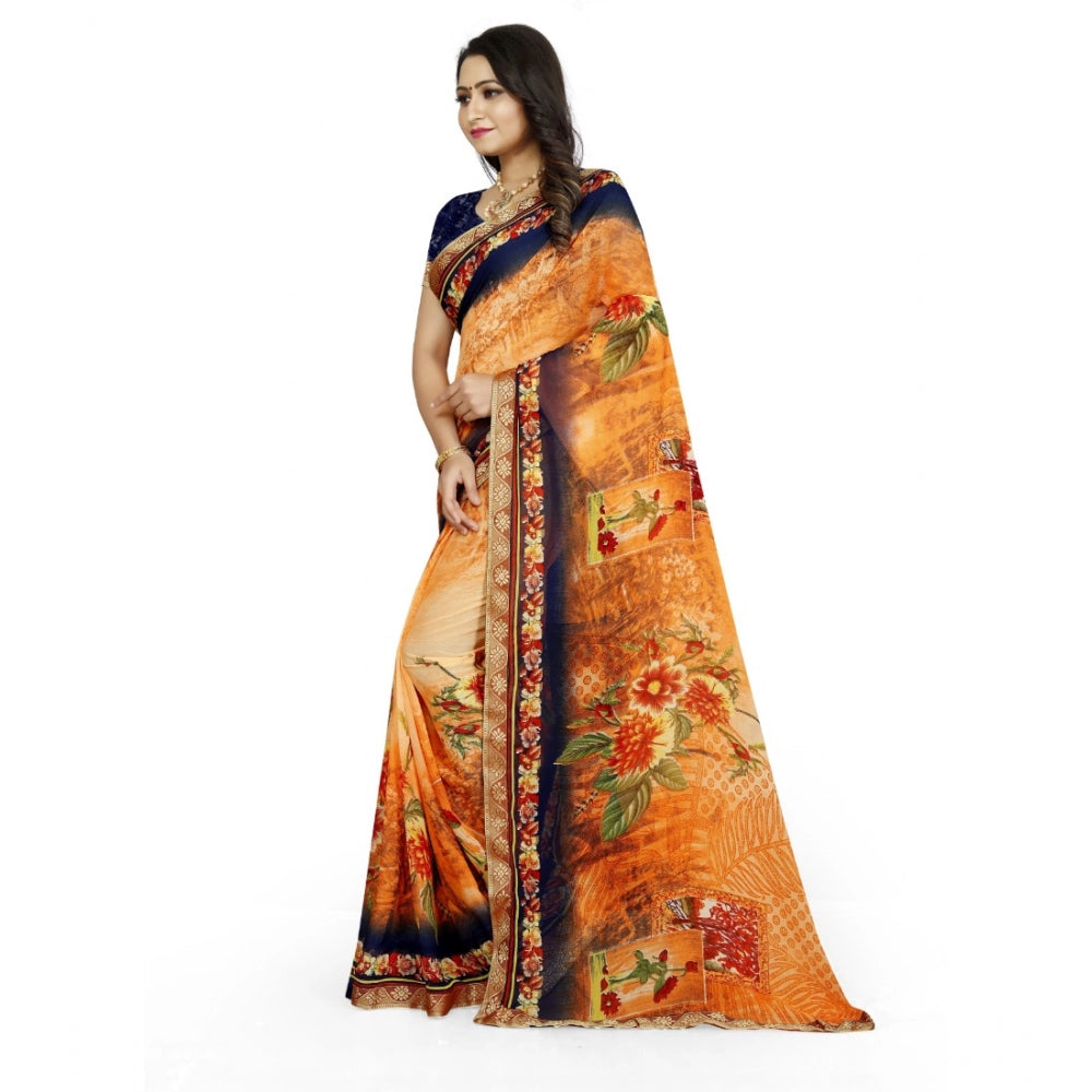 Seduva Women's Georgette Floral Print Saree With Unstitched Blouse 5.5Mtr (Blue-Orange)