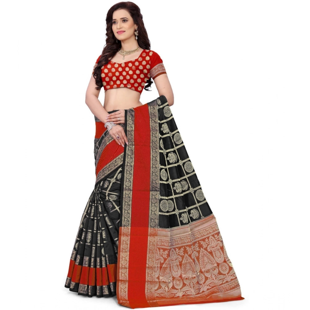 Seduva Women's Jacquard Woven Saree With Unstitched Blouse 5.5Mtr (Red-Black)