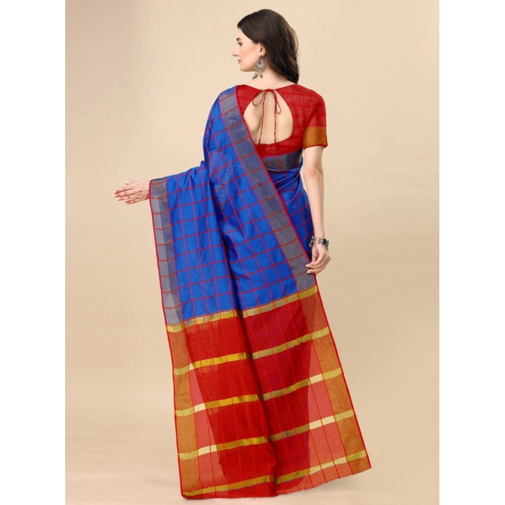 Seduva Women's Cotton Silk Checkered Saree With Unstitched Blouse 5.5Mtr (Blue)
