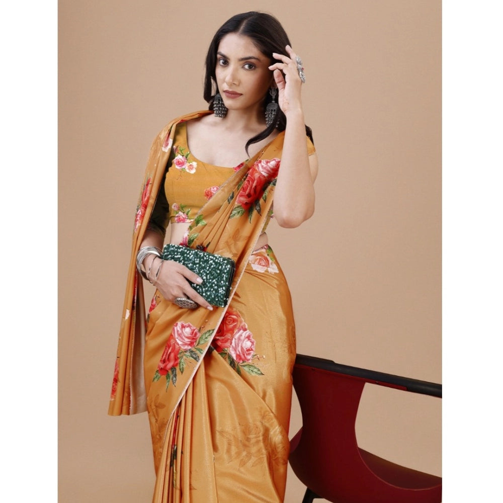 Seduva Women's Crepe Digital Print Saree With Unstitched Blouse 5.5Mtr (Mustard)