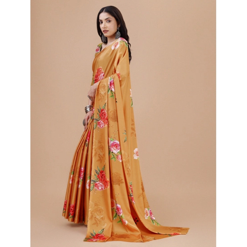 Seduva Women's Crepe Digital Print Saree With Unstitched Blouse 5.5Mtr (Mustard)