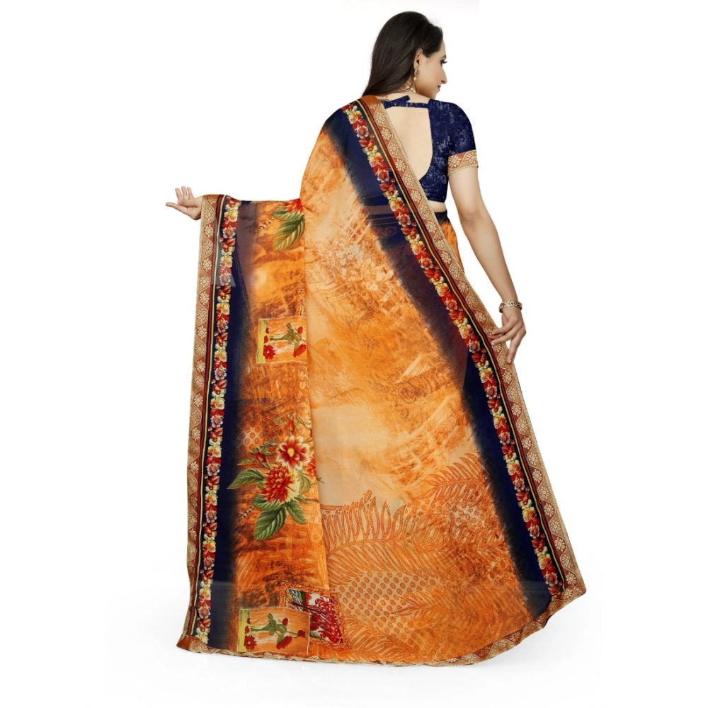 Seduva Women's Georgette Floral Print Saree With Unstitched Blouse 5.5Mtr (Blue-Orange)