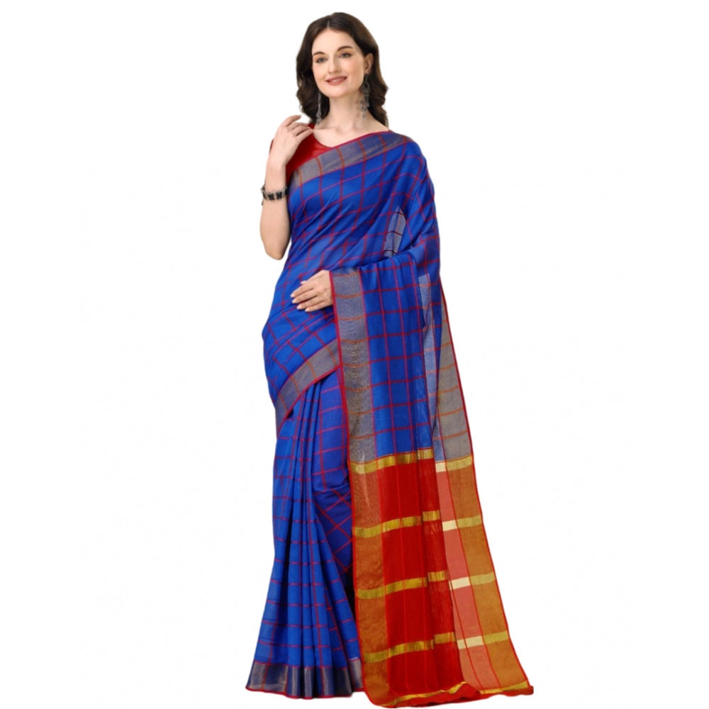 Seduva Women's Cotton Silk Checkered Saree With Unstitched Blouse 5.5Mtr (Blue)