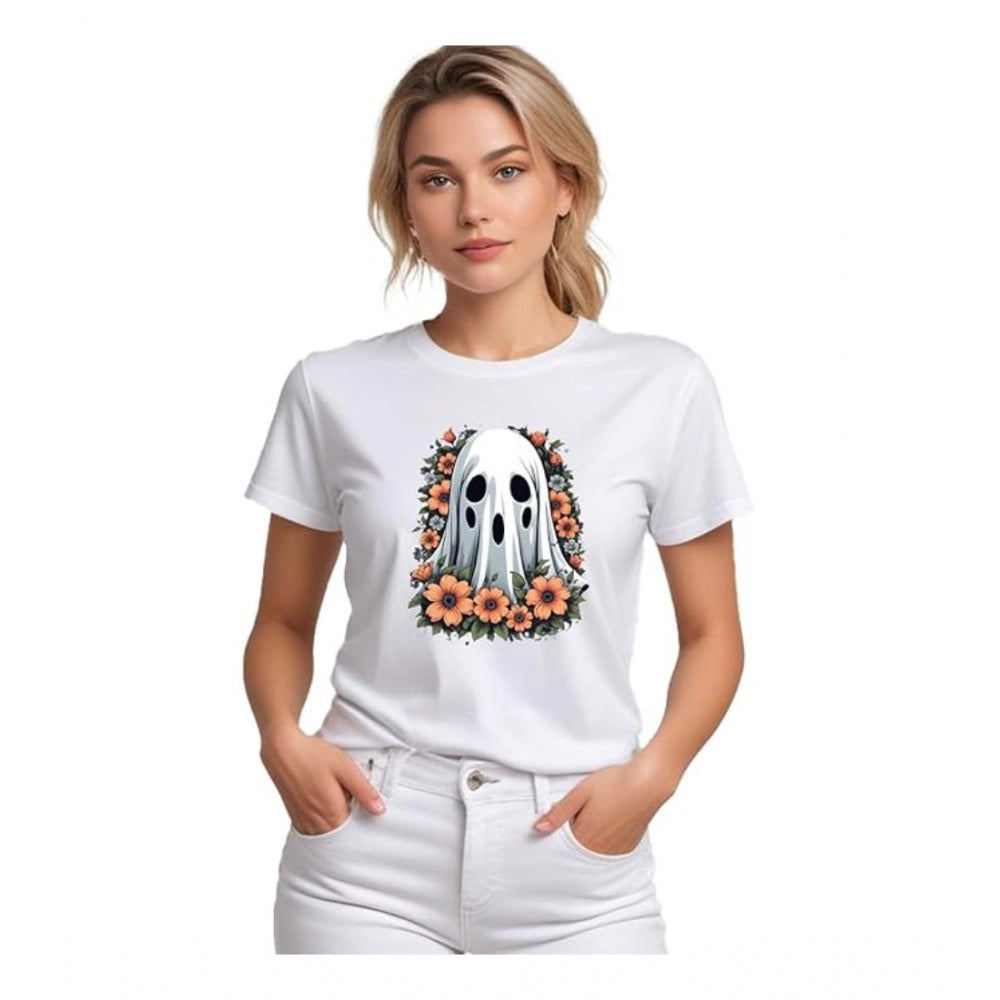 Seduva Women's Polyester Solid Printed Round Neck Half Sleeve T-shirt (White)