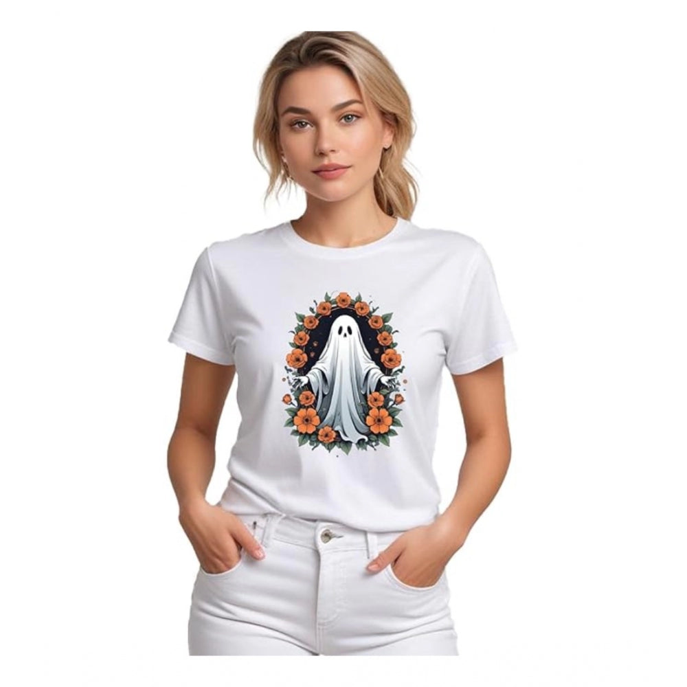 Seduva Women's Polyester Solid Printed Round Neck Half Sleeve T-shirt (White)