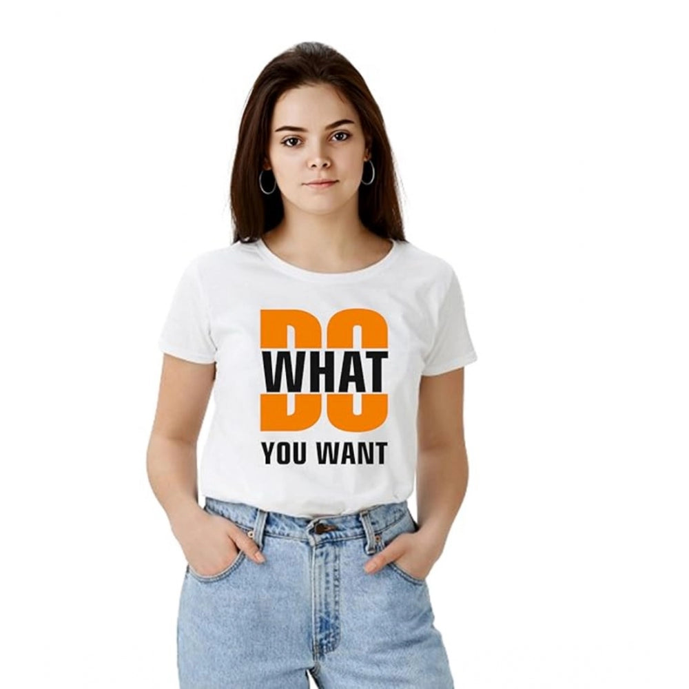 Seduva Women's Polyester Solid Printed Round Neck Half Sleeve T-shirt (White)