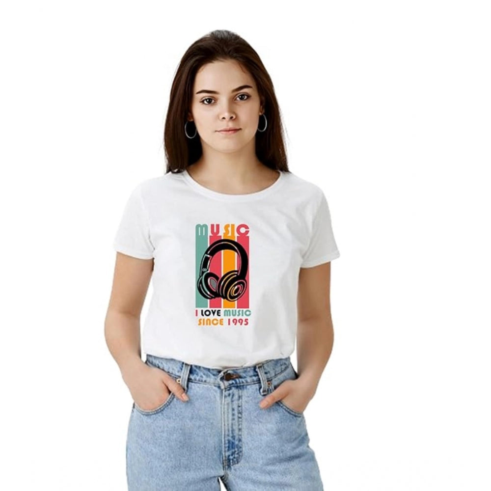 Seduva Women's Polyester Solid Printed Round Neck Half Sleeve T-shirt (White)