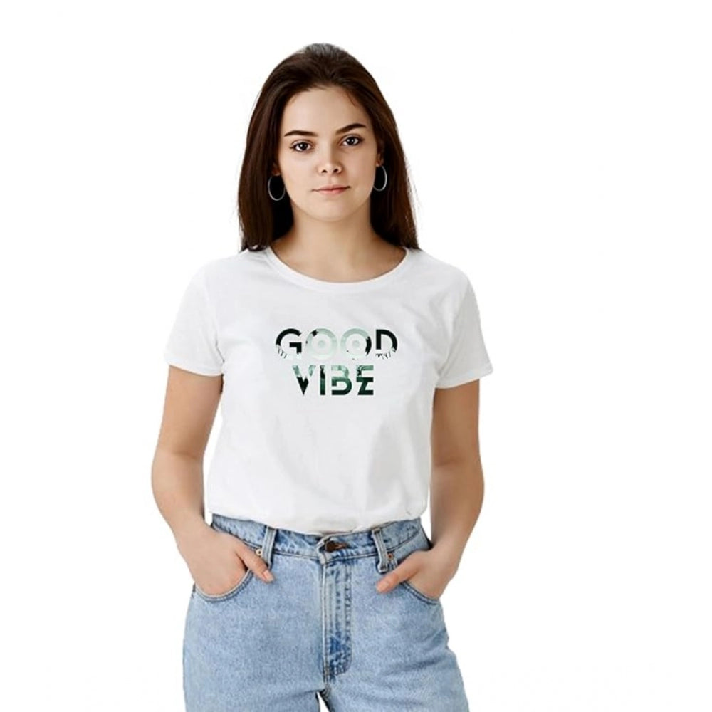 Seduva Women's Polyester Solid Printed Round Neck Half Sleeve T-shirt (White)