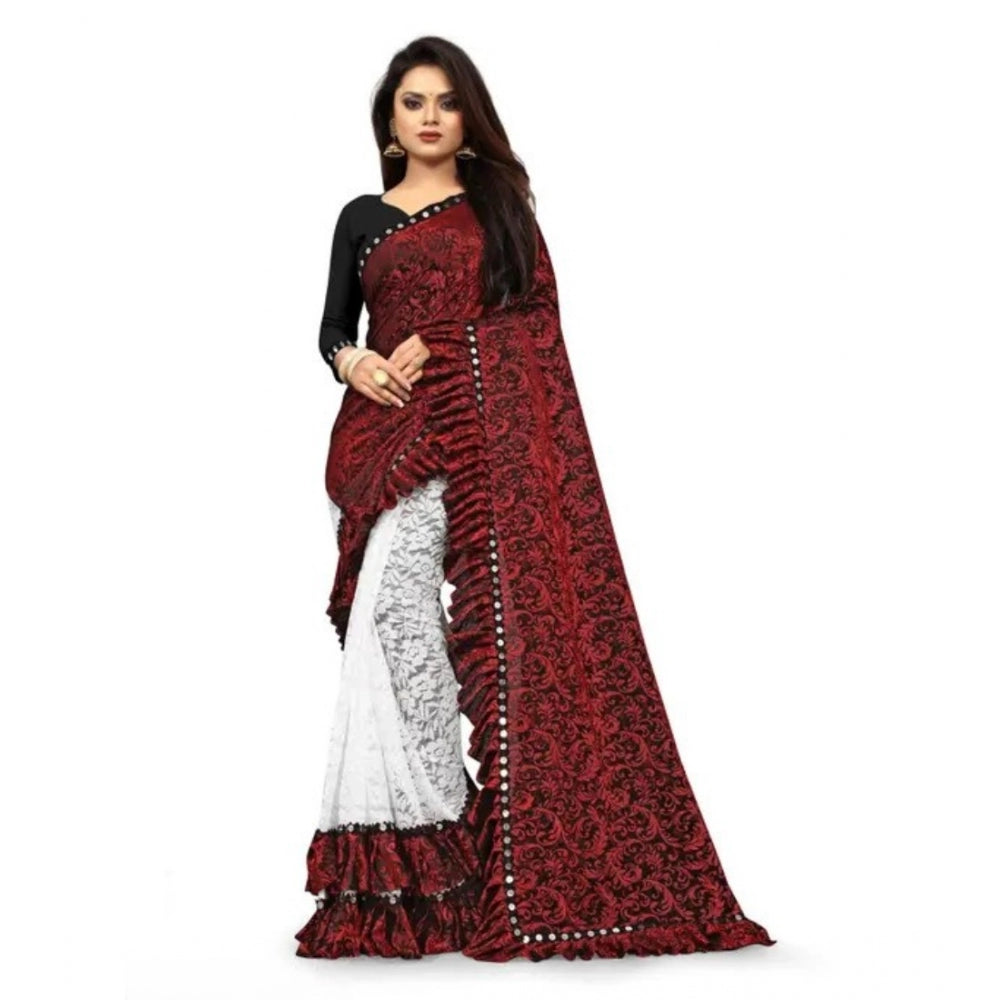 Seduva Women's Silk With Mirror Lace Solid Saree With Unstitched Blouse (Red, 5-5 Mtrs)