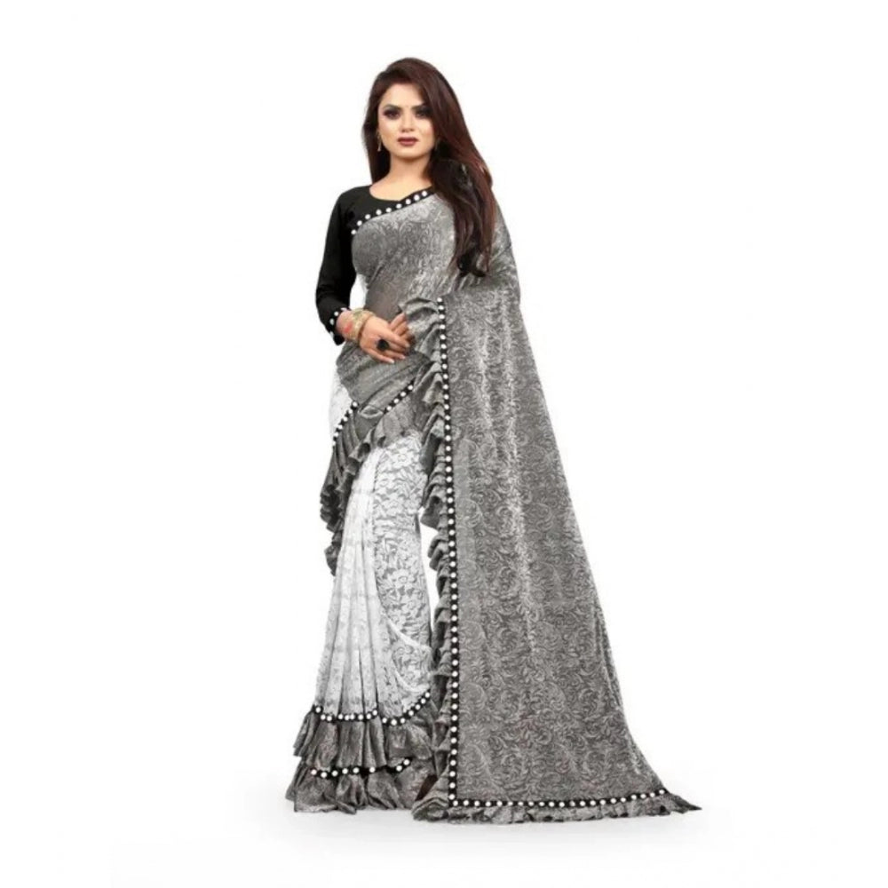 Seduva Women's Silk With Mirror Lace Solid Saree With Unstitched Blouse (Grey, 5-5 Mtrs)