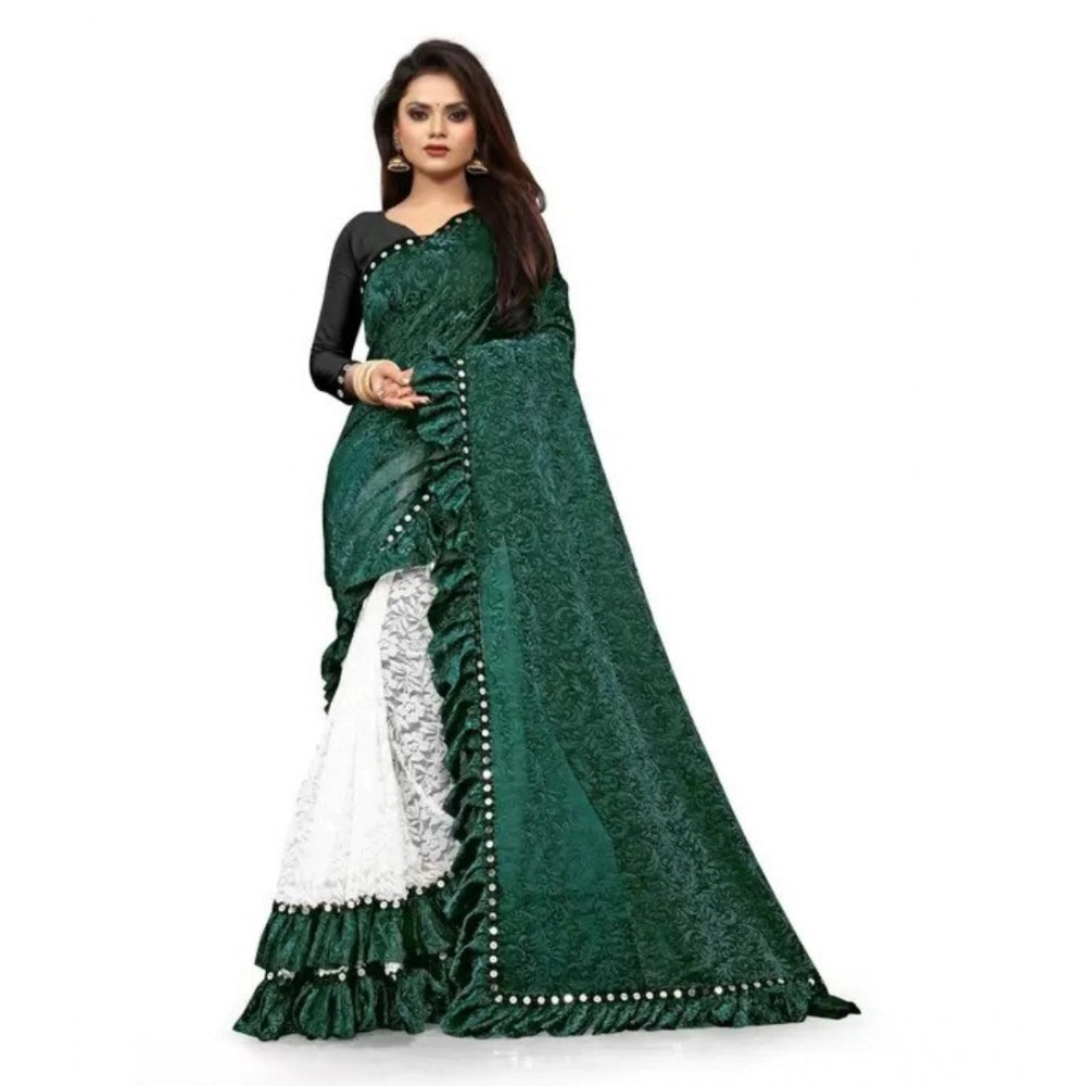 Seduva Women's Silk With Mirror Lace Solid Saree With Unstitched Blouse (Green, 5-5 Mtrs)