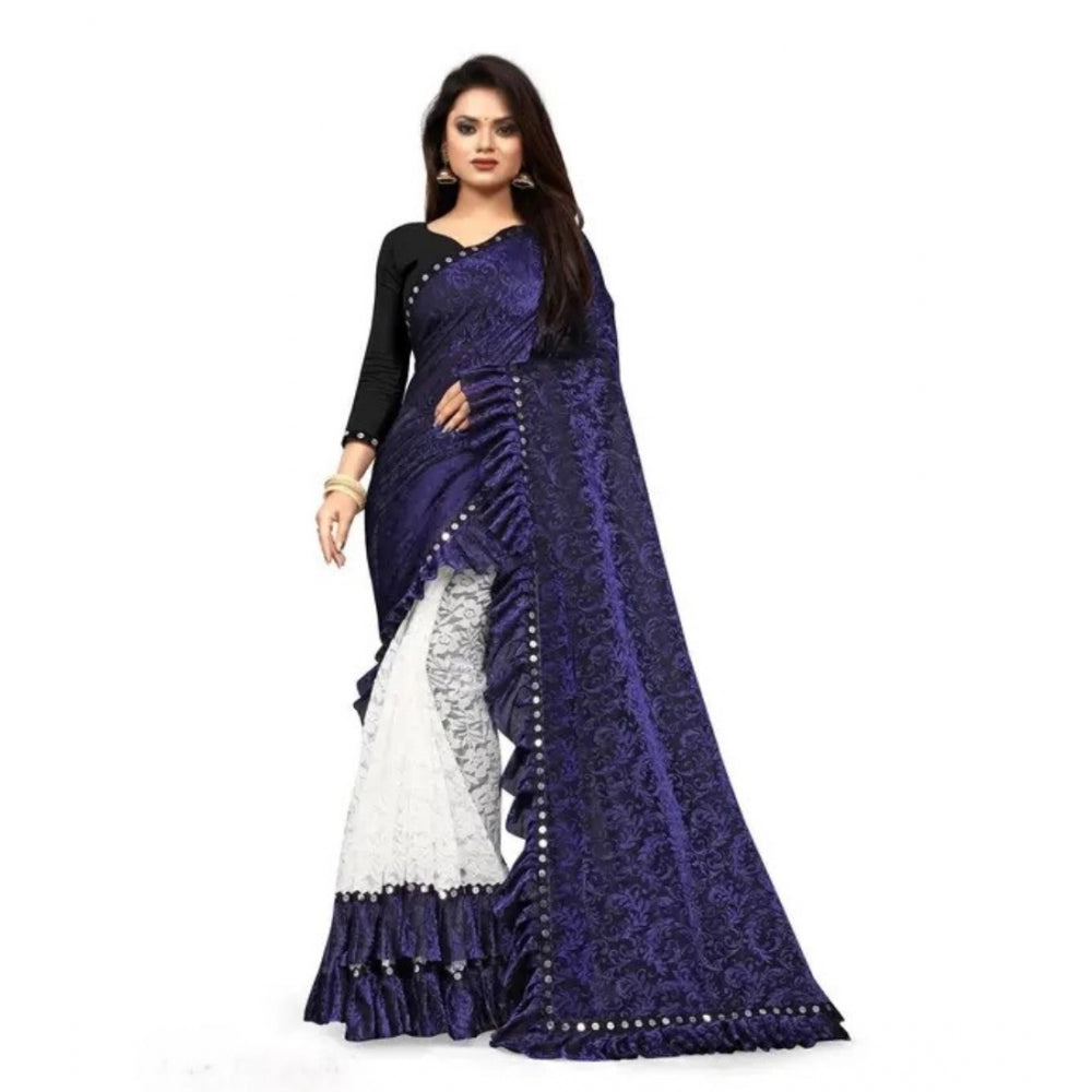 Seduva Women's Silk With Mirror Lace Solid Saree With Unstitched Blouse (Blue, 5-5 Mtrs)