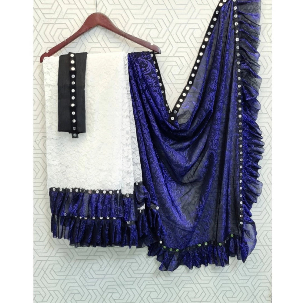 Seduva Women's Silk With Mirror Lace Solid Saree With Unstitched Blouse (Blue, 5-5 Mtrs)