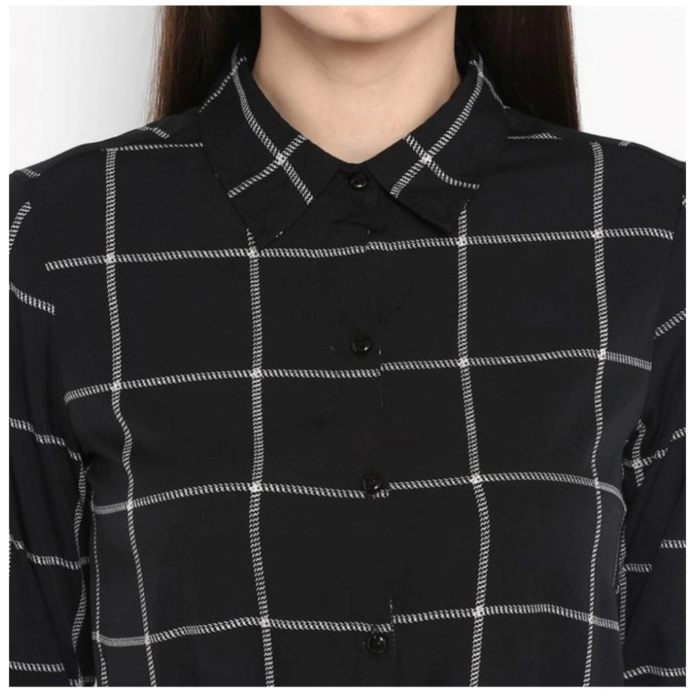Seduva Women's Polyester Checkered Roll Up Sleeve Above Knee Dress (Black - White)