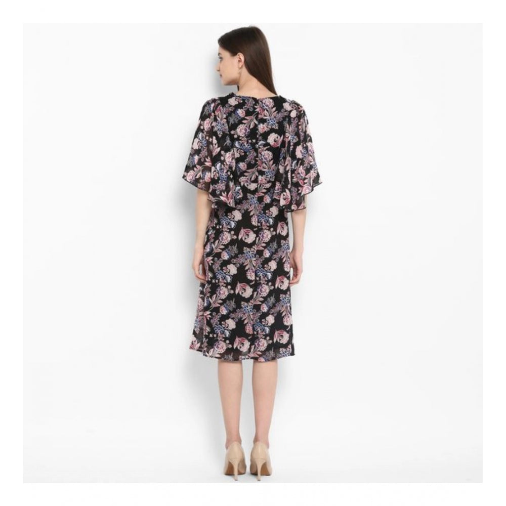 Seduva Women's Polyester Floral Short Sleeve Knee-Length Dress (Black - Multicolor)