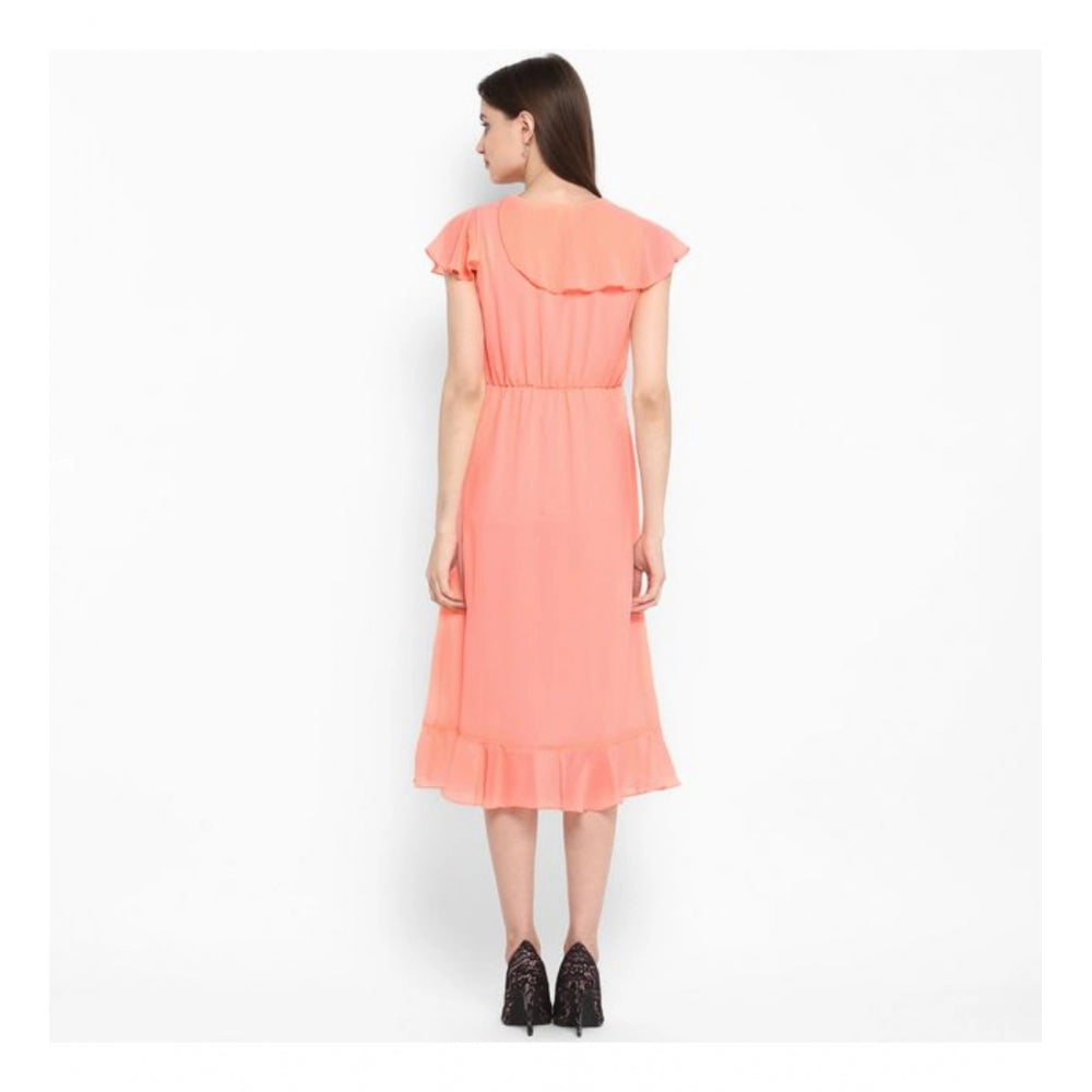 Seduva Women's Polyester Ruffled Cap Sleeve Below Knee Dress (Neon Pink)