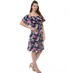 Seduva Women's Polyester Crepe Floral Half Sleeve Above Knee Dress (Navy Blue)