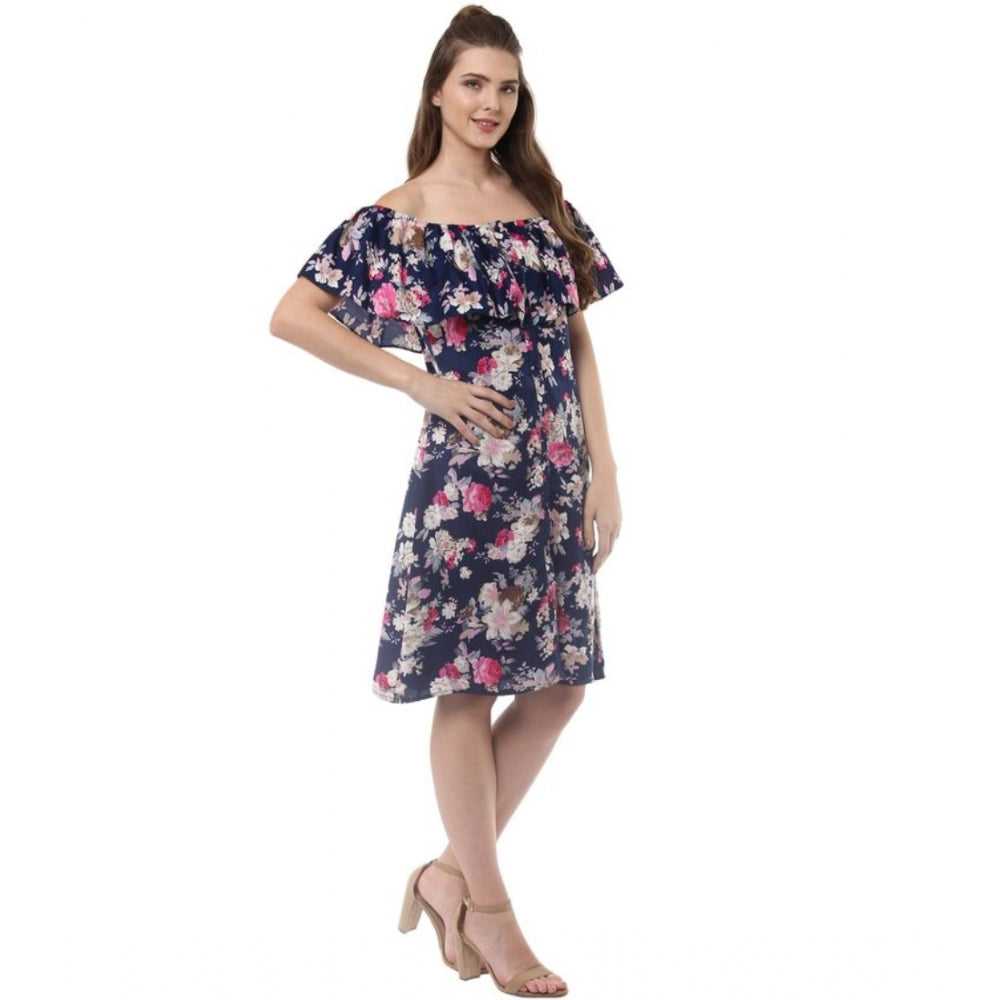 Seduva Women's Polyester Crepe Floral Half Sleeve Above Knee Dress (Navy Blue)