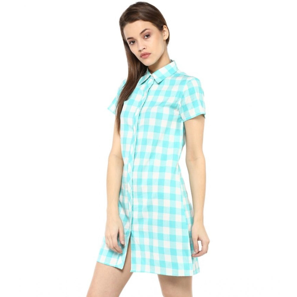 Seduva Women's Rayon Checkered Short Sleeve Above Knee Dress (SkuBlue - White)
