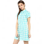 Seduva Women's Rayon Checkered Short Sleeve Above Knee Dress (SkuBlue - White)