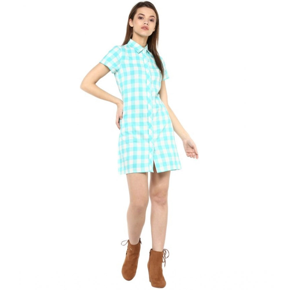 Seduva Women's Rayon Checkered Short Sleeve Above Knee Dress (SkuBlue - White)