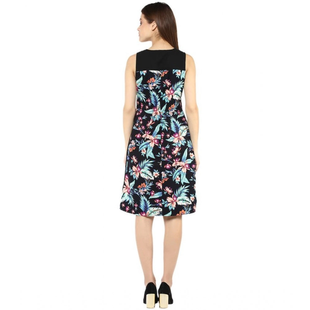 Seduva Women's Polyester Printed Sleeveless Above Knee Dress (Black - Multicolor)