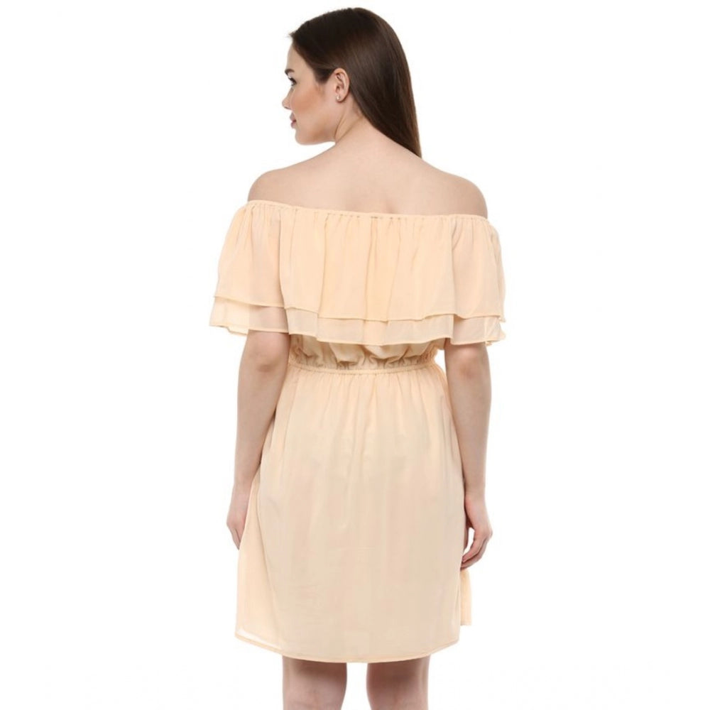 Seduva Women's Polyester Solid Sleeveless Knee-Length Dress (Beige)