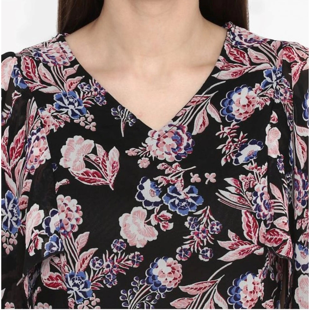 Seduva Women's Polyester Floral Short Sleeve Knee-Length Dress (Black - Multicolor)