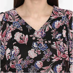 Seduva Women's Polyester Floral Short Sleeve Knee-Length Dress (Black - Multicolor)
