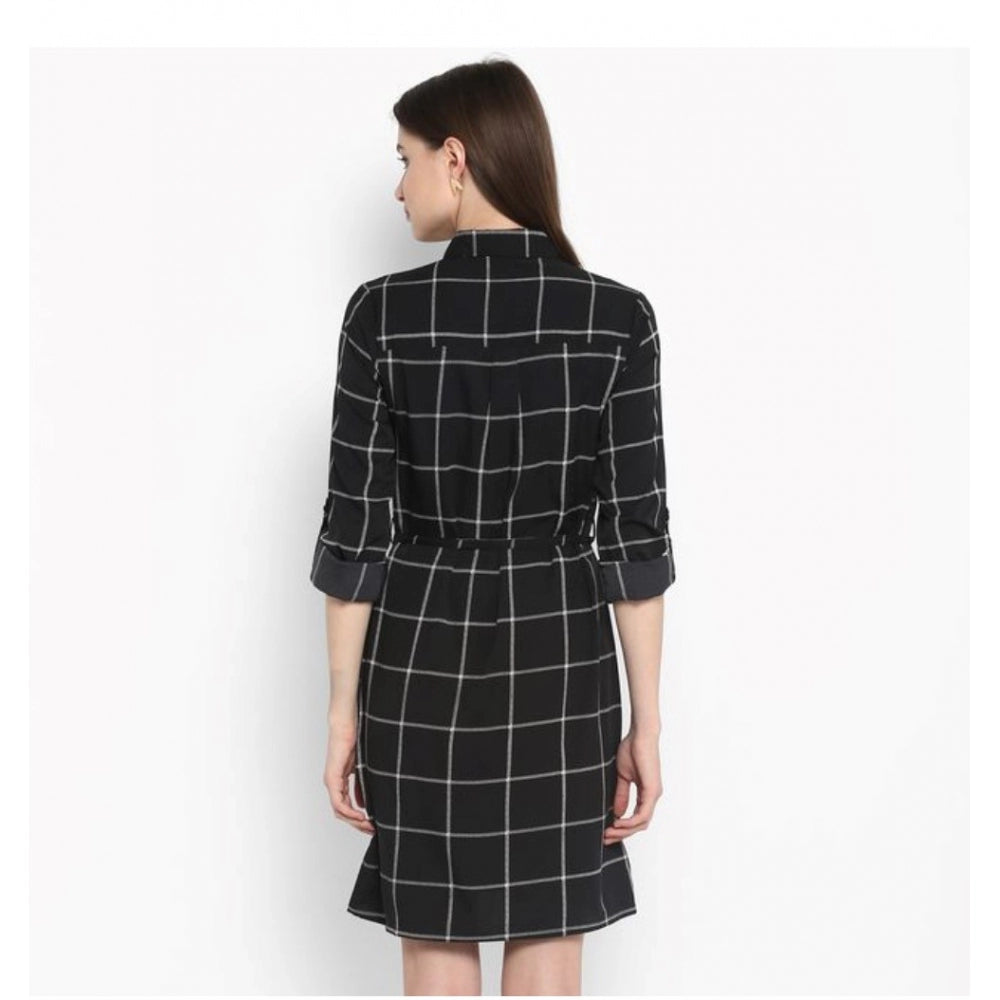Seduva Women's Polyester Checkered Roll Up Sleeve Above Knee Dress (Black - White)
