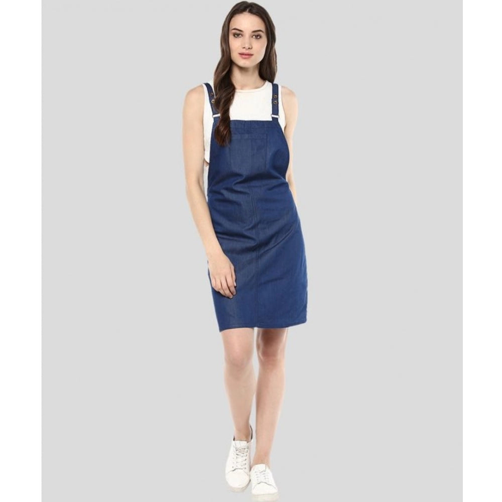 Seduva Women's Denim Solid Shoulder Straps Above Knee Dress (Blue)