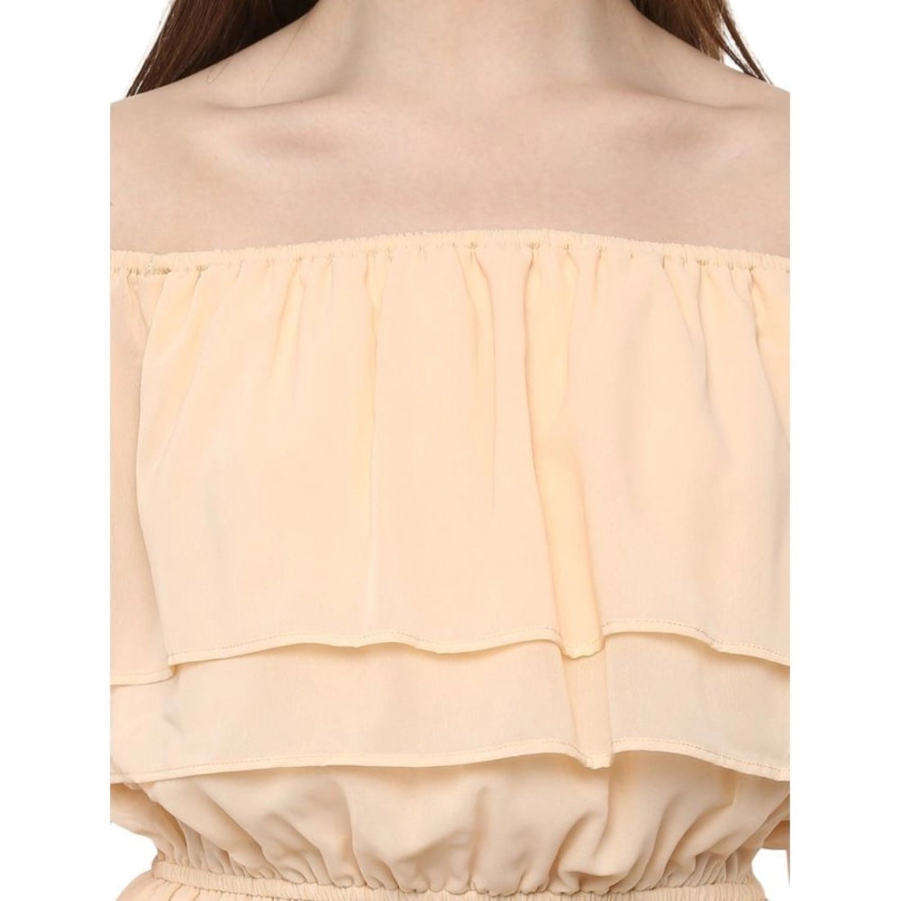 Seduva Women's Polyester Solid Sleeveless Knee-Length Dress (Beige)