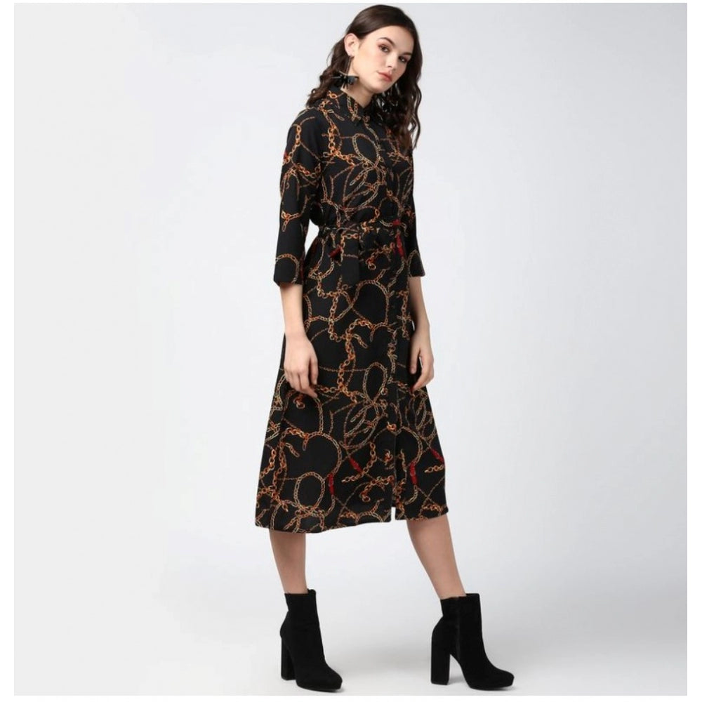 Seduva Women's Polyester Chain Print Roll Up Sleeve Below Knee Dress (Black - Yellow)