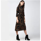 Seduva Women's Polyester Chain Print Roll Up Sleeve Below Knee Dress (Black - Yellow)