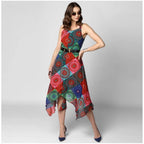 Seduva Women's Polyester Asymmetrical Shoulder Straps Knee-Length Dress (Multicolor)