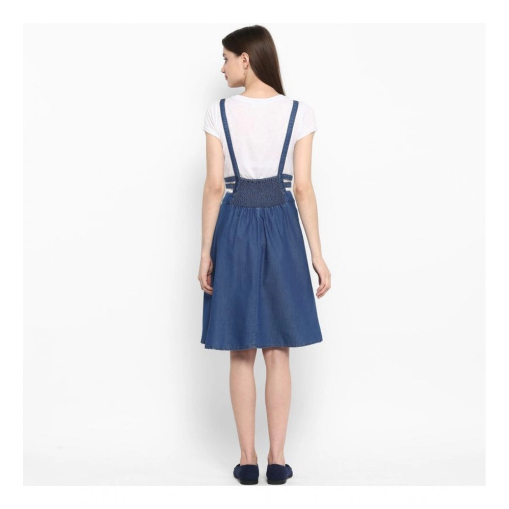 Seduva Women's Denim Solid Shoulder Straps Below Knee Dress (Blue)