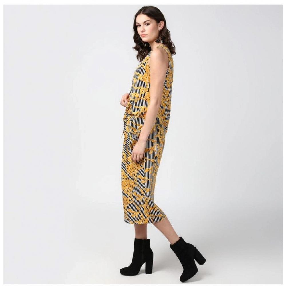 Seduva Women's Polyester Chain Print Sleeveless Below Knee Dress (Yellow - Black)