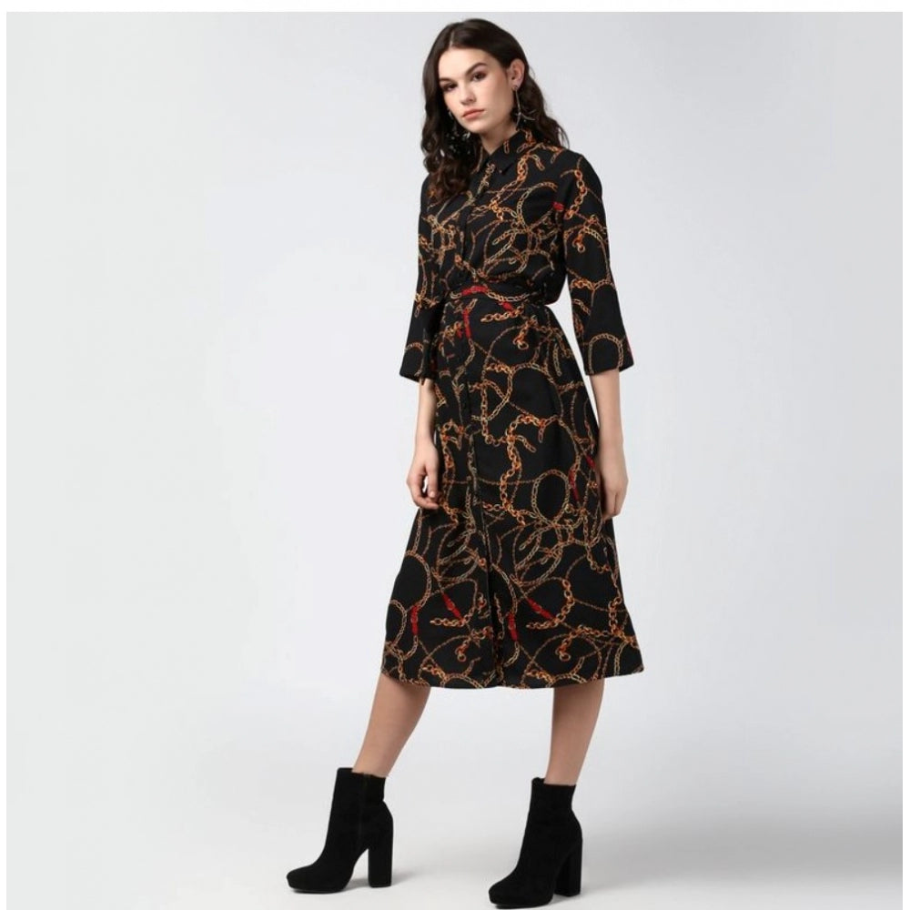 Seduva Women's Polyester Chain Print Roll Up Sleeve Below Knee Dress (Black - Yellow)