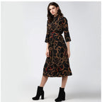 Seduva Women's Polyester Chain Print Roll Up Sleeve Below Knee Dress (Black - Yellow)