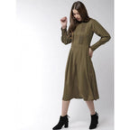 Seduva Women's Polyester Pintuck Long Sleeves Below Knee Dress (Olive)
