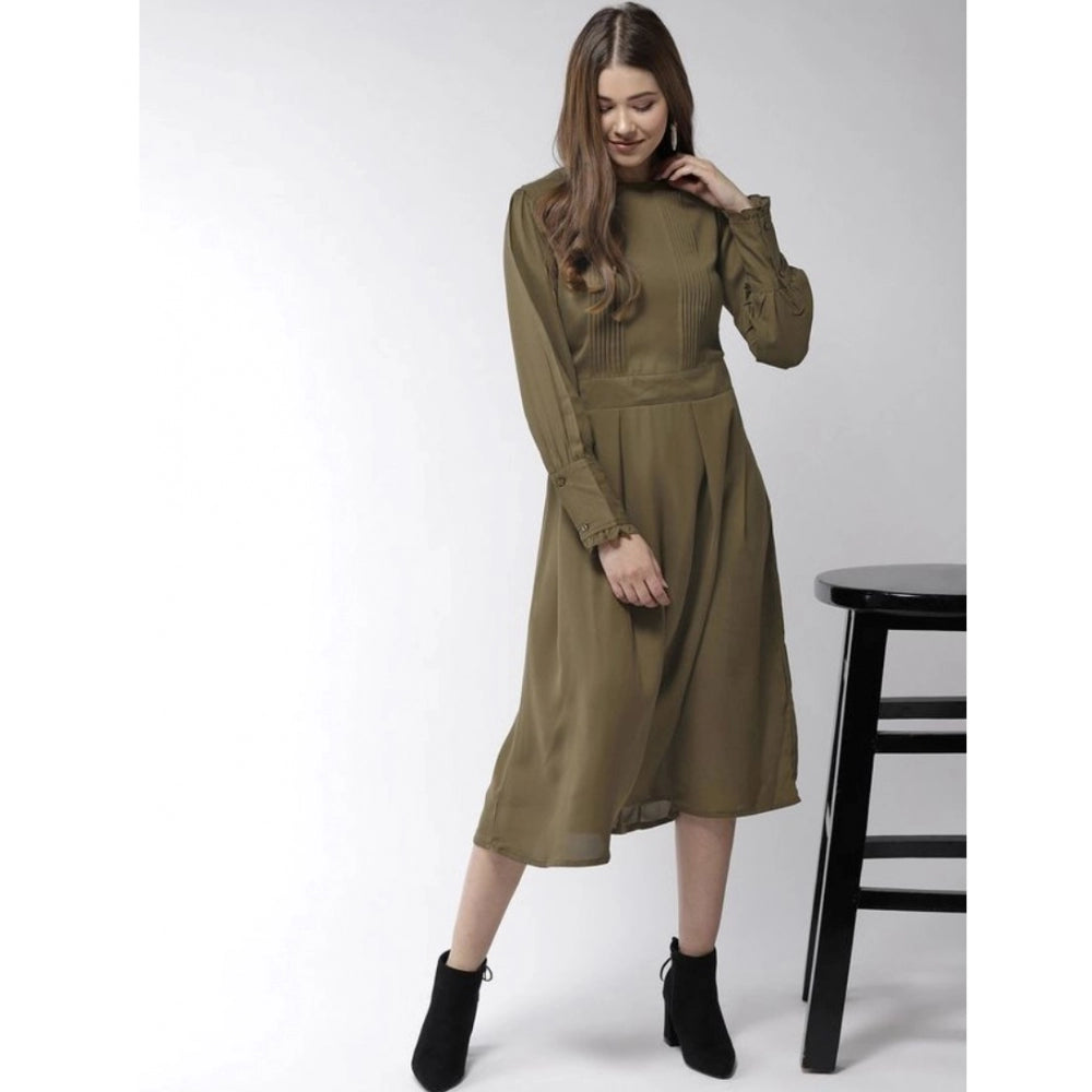 Seduva Women's Polyester Pintuck Long Sleeves Below Knee Dress (Olive)