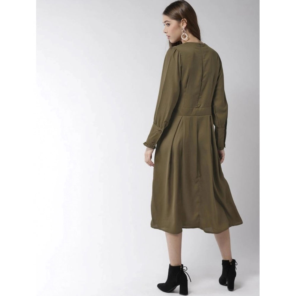 Seduva Women's Polyester Pintuck Long Sleeves Below Knee Dress (Olive)