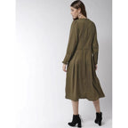 Seduva Women's Polyester Pintuck Long Sleeves Below Knee Dress (Olive)