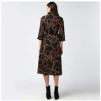 Seduva Women's Polyester Chain Print Roll Up Sleeve Below Knee Dress (Black - Yellow)