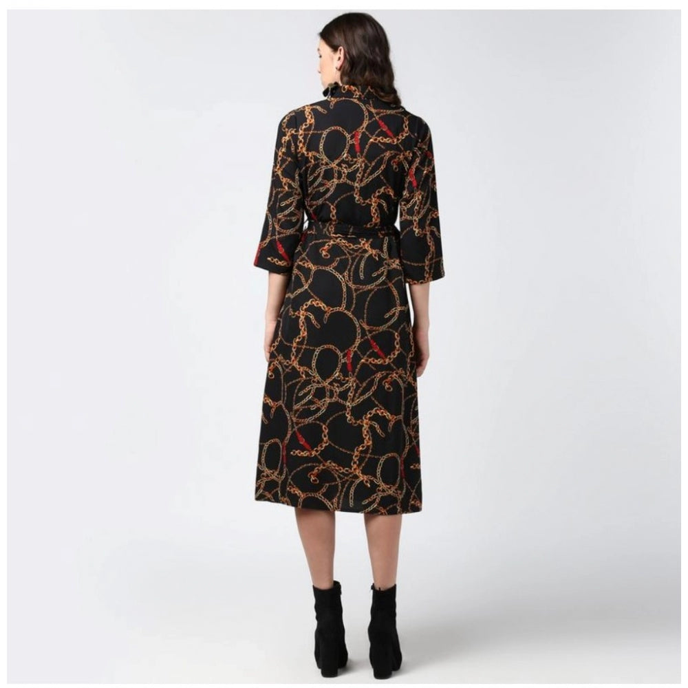 Seduva Women's Polyester Chain Print Roll Up Sleeve Below Knee Dress (Black - Yellow)