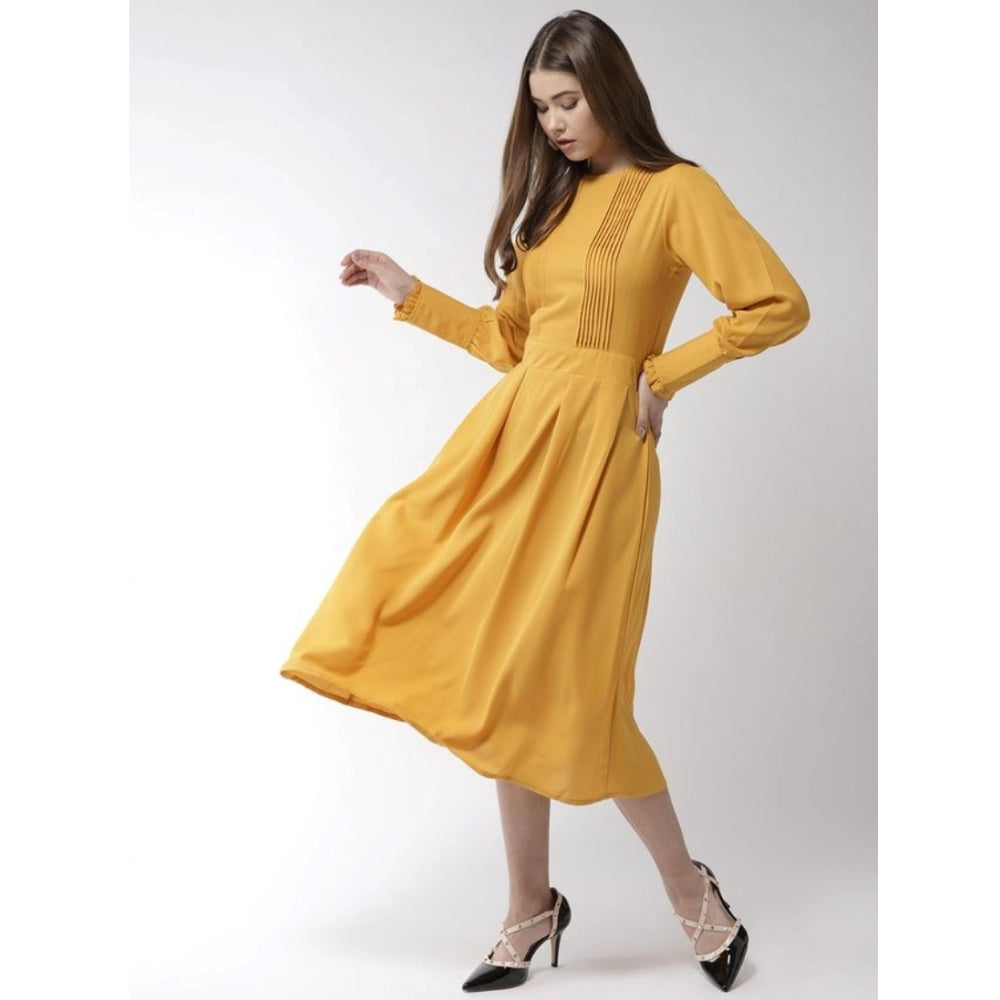 Seduva Women's Polyester Pintuck Long Sleeves Below Knee Dress (Yellow)