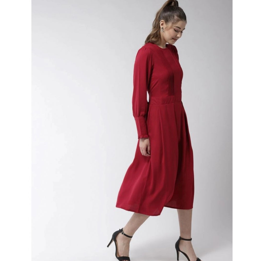 Seduva Women's Polyester Pintuck Long Sleeves Below Knee Dress (Red)
