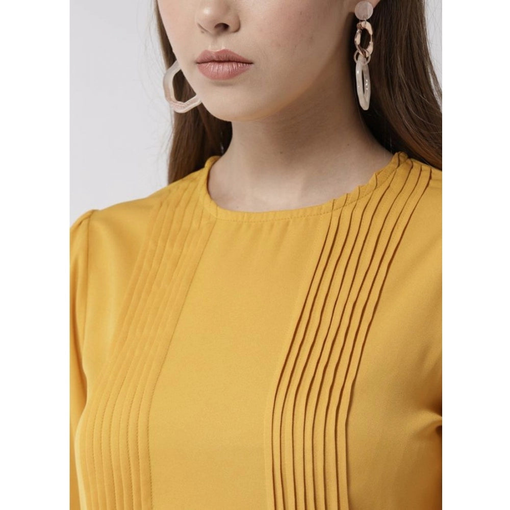 Seduva Women's Polyester Pintuck Long Sleeves Below Knee Dress (Yellow)